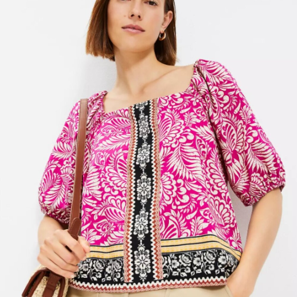 LOFT Palm Bubble Sleeve Square Neck Blouse Large Boho Hippie Peasant Magenta